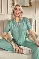 Yeşil Önden Düğmeli Kısa Kol Örme Kadın Pijama - Thumbnail