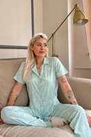 Yeşil Papatya Desenli Örme Önden Düğmeli Kısa Kol Kadın Pijama - Thumbnail