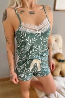 Yeşil Zeytin Dalı Pegasus Dantel Detaylı İp Askı Şortlu Örme Pijama Takımı - Thumbnail