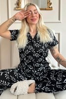 Zeytin Dalı Desenli Örme Önden Düğmeli Kısa Kol Kadın Pijama - Thumbnail