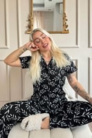 Zeytin Dalı Desenli Örme Önden Düğmeli Kısa Kol Kadın Pijama - Thumbnail