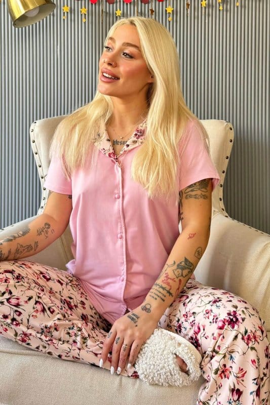 Açık Pembe Florado Exclusive Önden Düğmeli Kısa Kollu Kadın Pijama Takımı