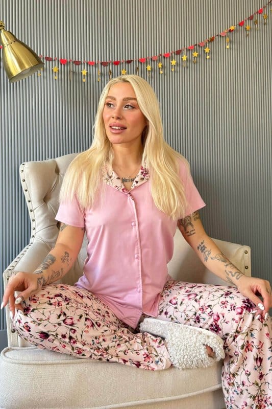 Açık Pembe Florado Exclusive Önden Düğmeli Kısa Kollu Kadın Pijama Takımı