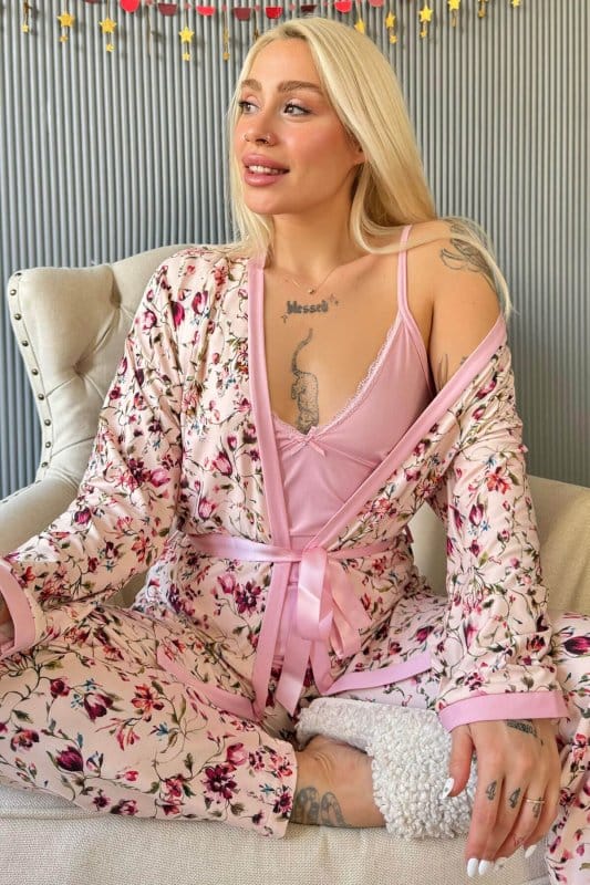 Açık Pembe Flore Exclusive Örme Sabahlıklı Kadın Pijama Takımı
