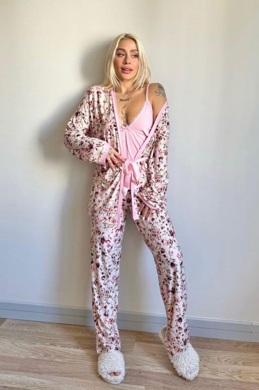Açık Pembe Flore Exclusive Örme Sabahlıklı Kadın Pijama Takımı
