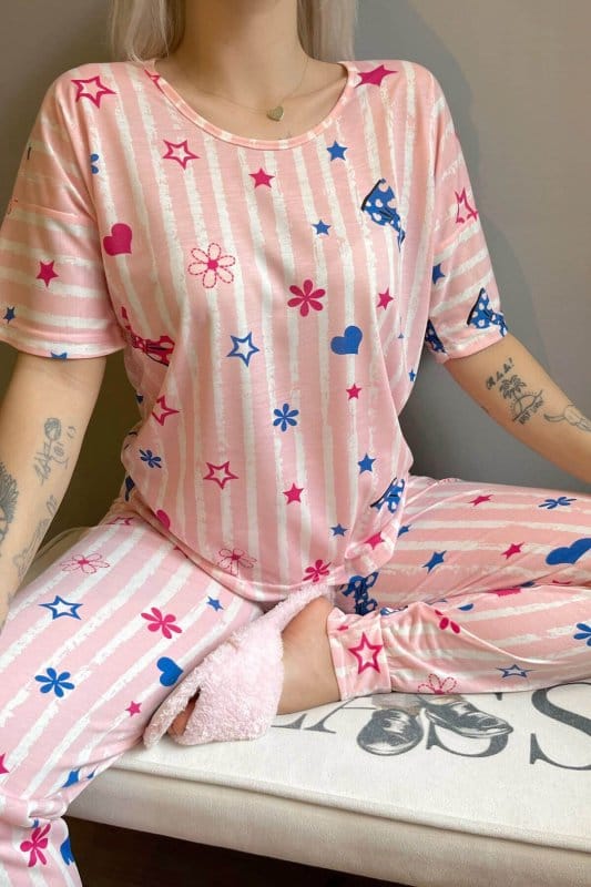 Açık Pembe Kurdele Baskılı Kısa Kollu Kadın Pijama Takımı