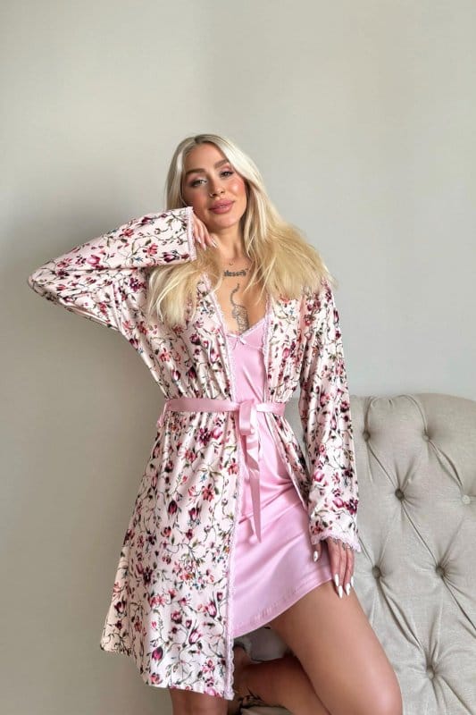Açık Pembe Svila Exclusive Örme Sabahlıklı Gecelik Kadın Pijama Takımı