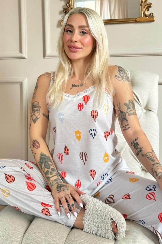 Aeronaut Dantelli Ip Askılı Örme Kadın Pijama Takımı