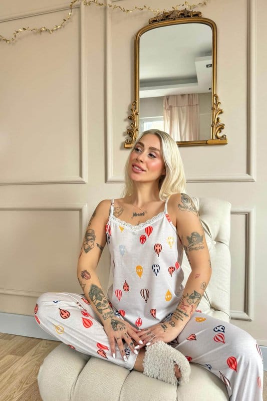 Aeronaut Dantelli Ip Askılı Örme Kadın Pijama Takımı