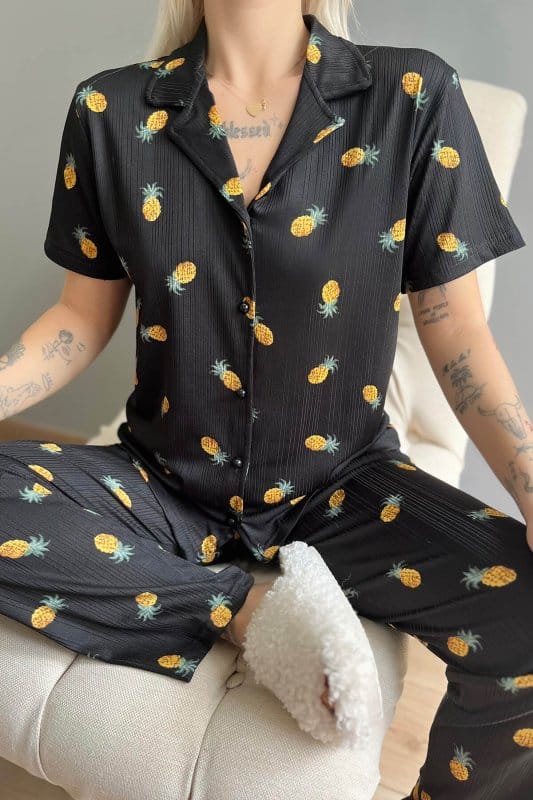 Ananas Desenli Örme Önden Düğmeli Kısa Kol Kadın Pijama