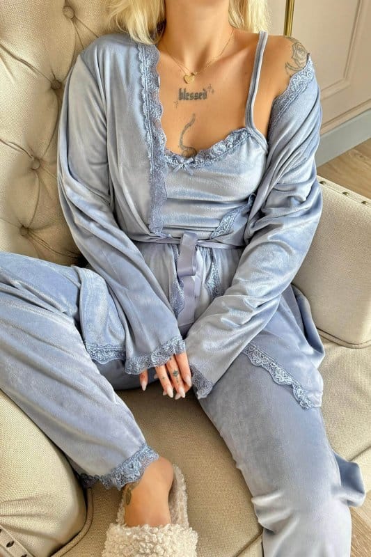 Bebe Mavi Azul Exclusive Kadife Sabahlıklı Kadın Pijama Takımı 