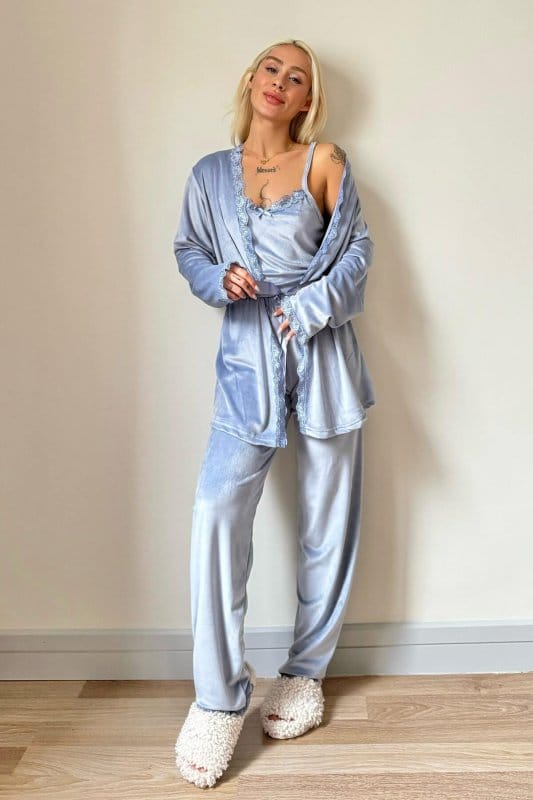 Bebe Mavi Azul Exclusive Kadife Sabahlıklı Kadın Pijama Takımı 