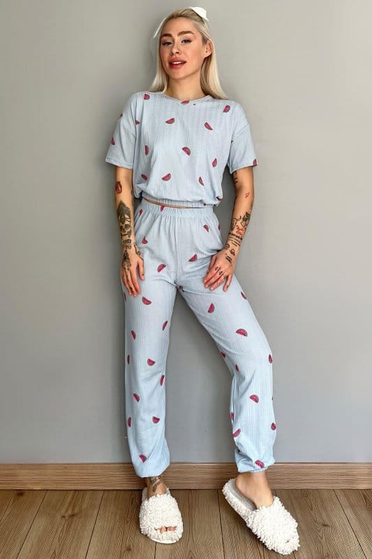 Bebe Mavisi Karpuz Desenli Örme Crop Kısa Kol Kadın Pijama Takım