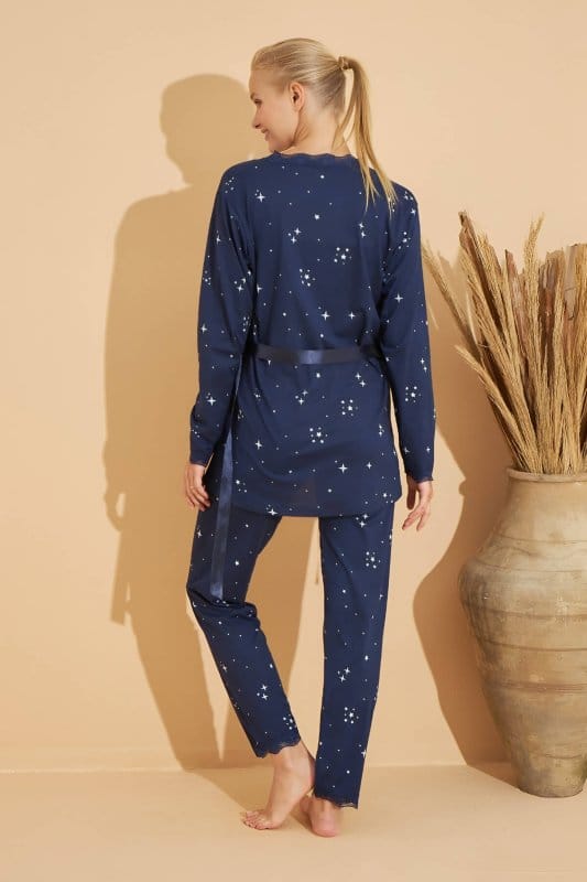 Bebe Mavisi Stars Desenli Bambu Sabahlıklı Kadın Pijama Takımı