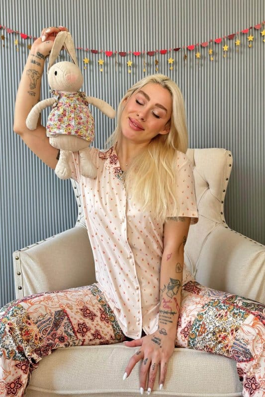 Bej Florado Exclusive Önden Düğmeli Kısa Kollu Kadın Pijama Takımı