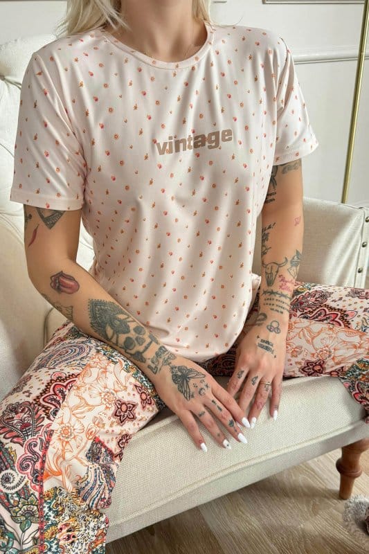 Bej Vintage Desenli Kısa Kollu Örme Kadın Pijama Takımı