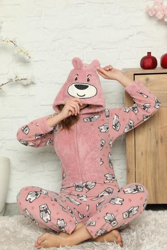 Big Bear Desenli Kadın Polar Peluş Tulum Pijama