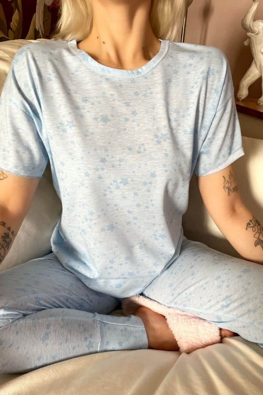 Blue Stars Aydede Baskılı Kısa Kollu Kadın Pijama Takımı