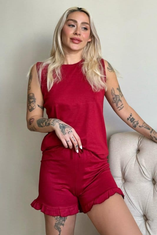 Bordo Basic Kolsuz Askılı Şortlu Kadın Pijama Takımı