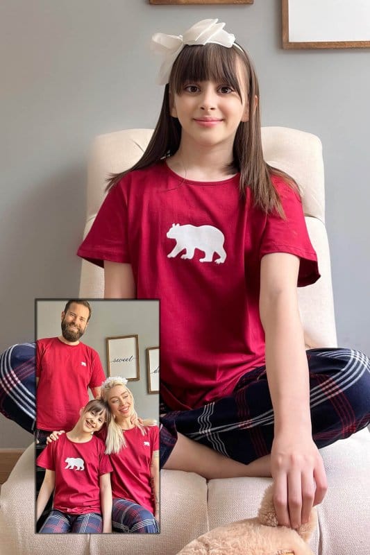Bordo Bear Kısa Kol Anne Kız Aile Pijaması - Çocuk Takımı