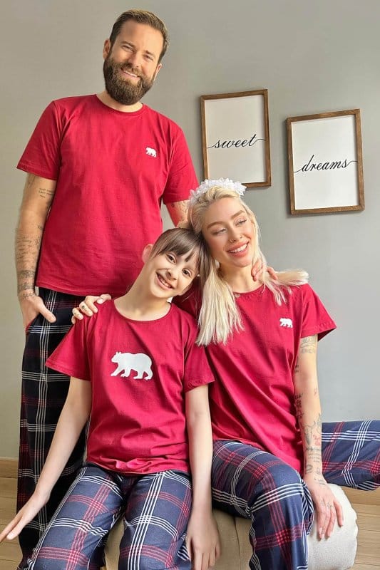 Bordo Bear Kısa Kol Anne Kız Aile Pijaması - Çocuk Takımı
