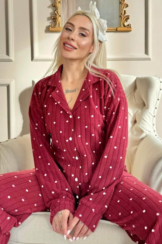 Bordo Dotted Desenli Önden Düğmeli Peluş Polar Pijama Takımı