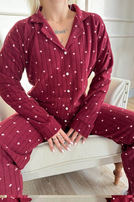 Bordo Dotted Desenli Önden Düğmeli Peluş Polar Pijama Takımı