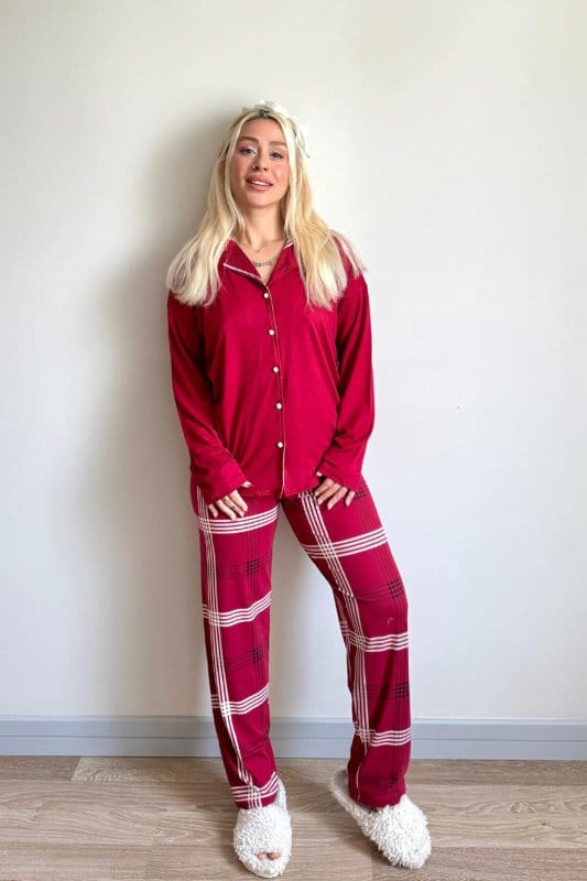 Bordo Ekose Desenli Bambu Önden Düğmeli Uzun Kol Kadın Pijama Takımı