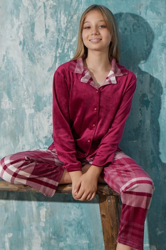 Bordo Ekose Exclusive Önden Düğmeli Kadife Kız Çocuk Pijama Takımı 
