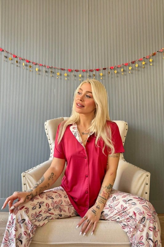 Bordo Florado Exclusive Önden Düğmeli Kısa Kollu Kadın Pijama Takımı