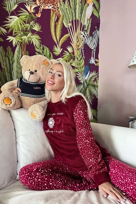 Bordo Hope Desenli Kadın Peluş Pijama Takımı