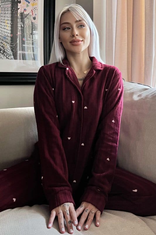 Bordo Kalp Desenli Önden Düğmeli Peluş Polar Pijama Takımı