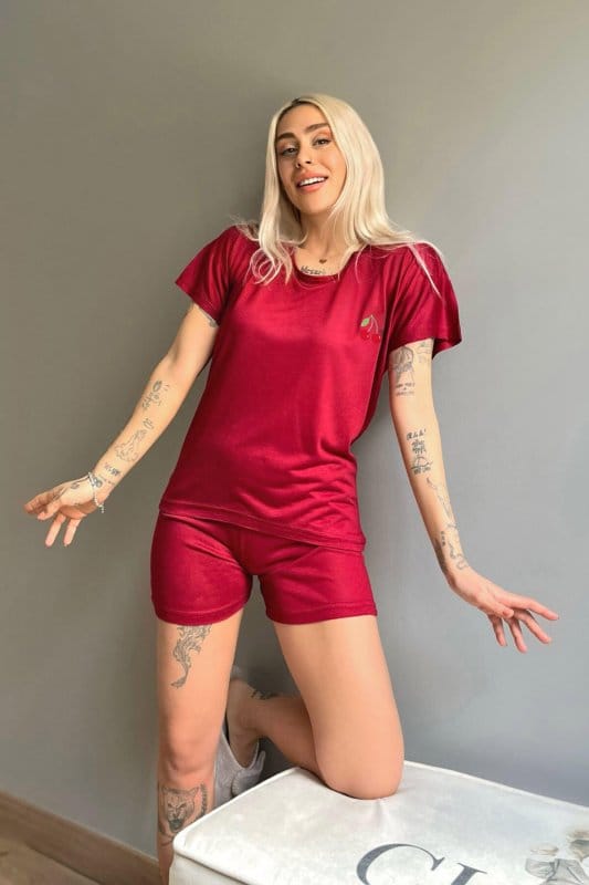 Bordo Kiraz Nakışlı Örme Şortlu Kadın Pijama Takımı