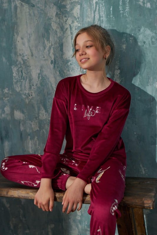 Bordo Life Desenli Exclusive Kadife Kız Çocuk Pijama Takımı 