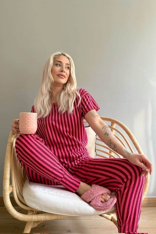 Bordo Linie Baskılı Kısa Kollu Kadın Pijama Takımı