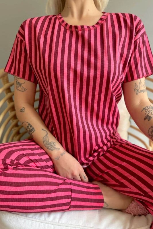 Bordo Linie Baskılı Kısa Kollu Kadın Pijama Takımı