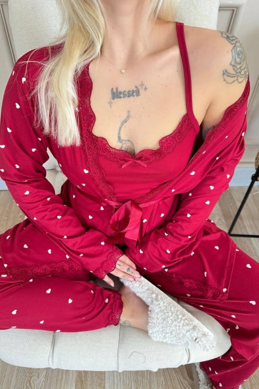 Bordo Mini Kalp Desenli Bambu Sabahlıklı Kadın Pijama Takımı