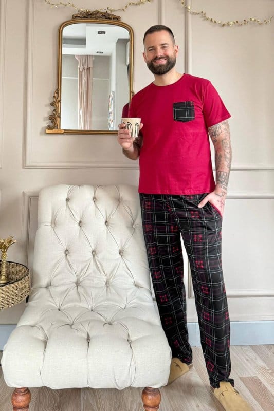 Bordo Siyah Cep Detay Ekose Kısa Kollu Erkek Pijama Takımı
