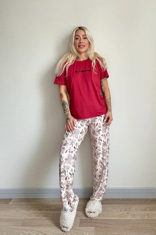 Bordo SunShine Desenli Kısa Kollu Örme Kadın Pijama Takımı