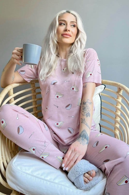 Cheesecake Kahve Baskılı Kısa Kollu Kadın Pijama Takımı