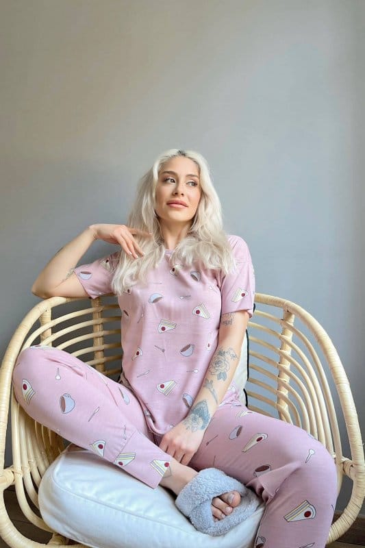 Cheesecake Kahve Baskılı Kısa Kollu Kadın Pijama Takımı