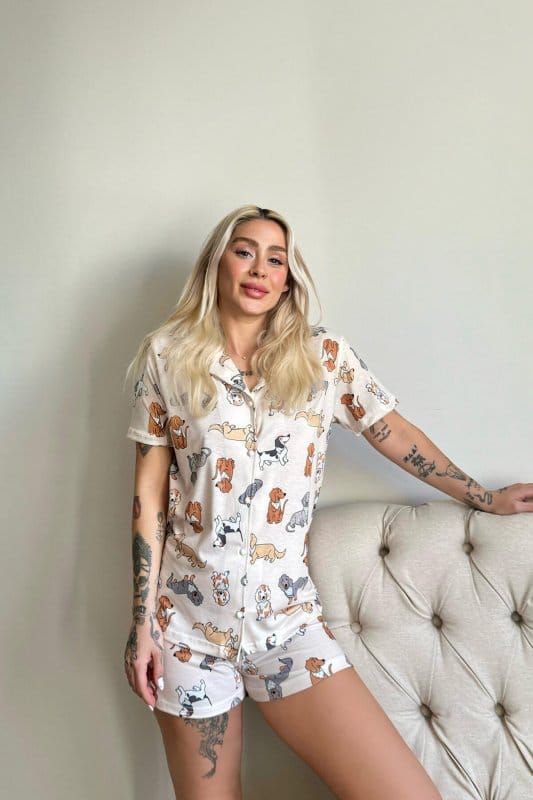 Kanop Önden Düğmeli Şortlu Kısa Kollu Kadın Pijama Takımı