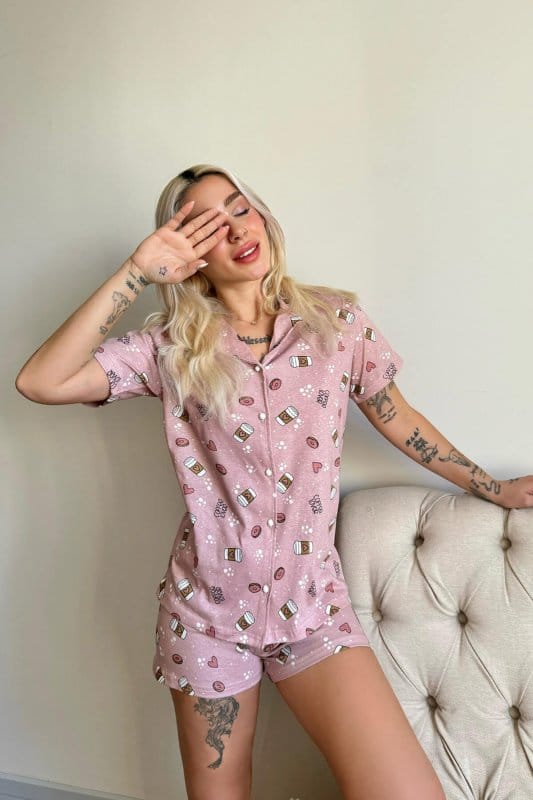 Donut Coffe Önden Düğmeli Şortlu Kısa Kollu Kadın Pijama Takımı