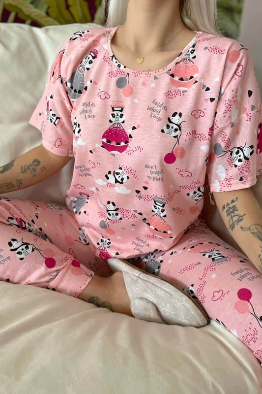 Fuchsia Panda Baskılı Kısa Kollu Kadın Pijama Takımı