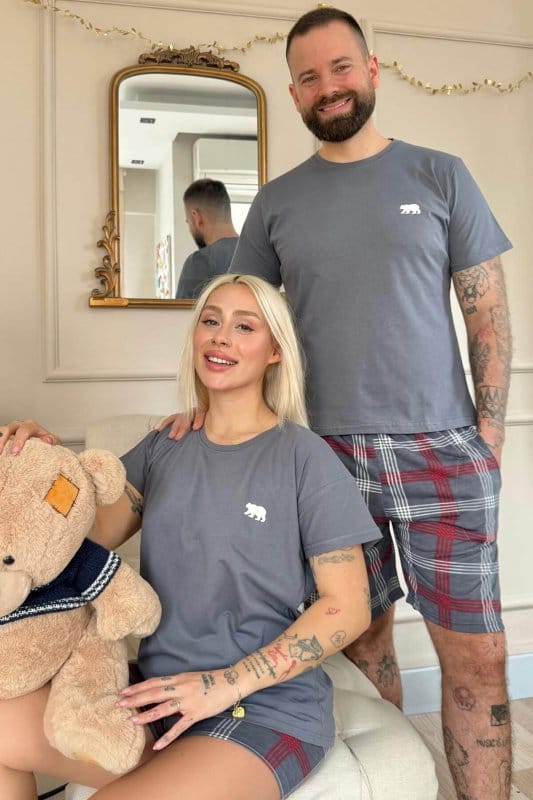 Füme Bear Şortlu Sevgili Aile Pijaması - Erkek Takımı
