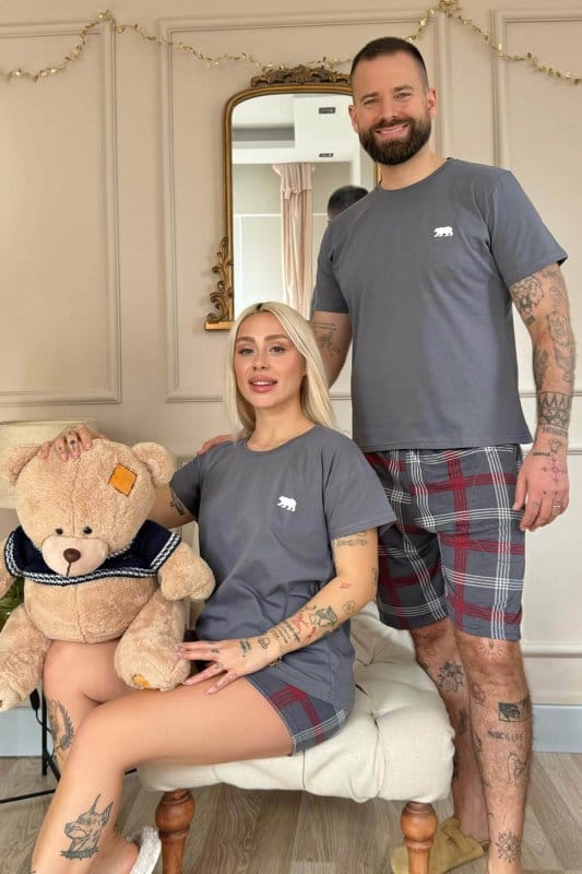 Füme Bear Şortlu Sevgili Aile Pijaması - Kadın Takımı