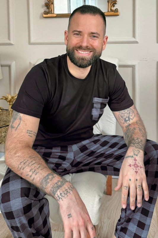 Füme Siyah Ekose Cep Detay Kısa Kollu Erkek Pijama Takımı