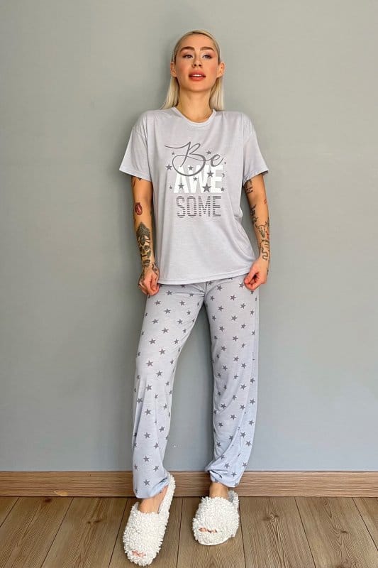 Gri Awesome Baskılı Örme Kısa Kollu Kadın Pijama Takımı
