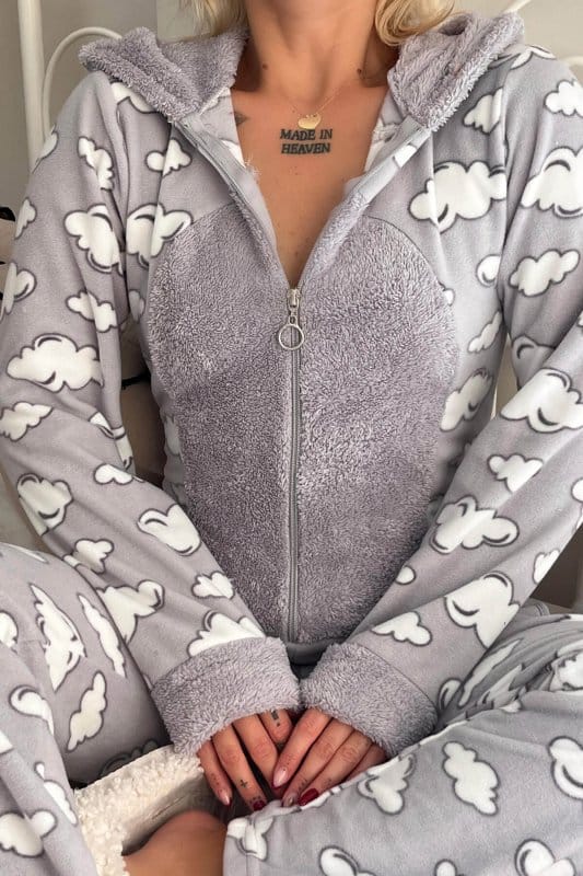 Gri Bulut Desenli Kadın Polar Peluş Tulum Pijama Takımı