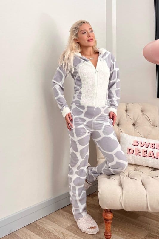 Gri Dalmaçyalı Desenli Polar Peluş Tulum Kadın Pijama